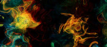 Fantasy Smoke Swirls In Bright Neon Flame Orange Red And Green, Abstract Mist Tribal Design	