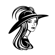 Elegant Woman With Long Gorgeous Hair Wearing Wide Brimmed Hat With Feather Decor - Glamour And Beauty Concept Vector Portrait
