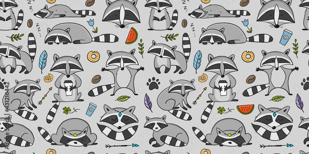 Racoons Family. Funny Characters. Seamless pattern for your design - obrazy, fototapety, plakaty 