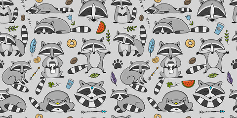 Poster - Racoons Family. Funny Characters. Seamless pattern for your design