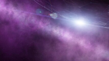 Wall Mural - Futuristic 3d space  artificial planet rotating landscape and shining star light. Violet purple misty background.