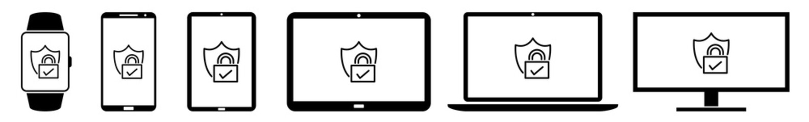 Wall Mural - display secure, safety, security, assurance, guarantee icon devices set | web screen device online |