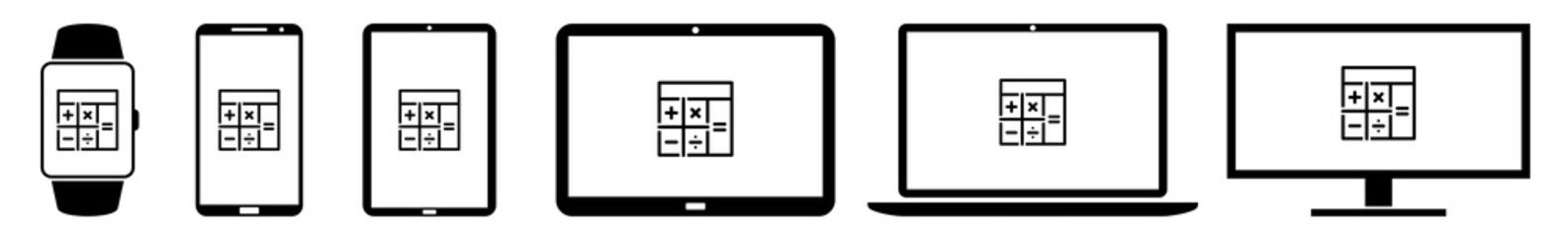 Wall Mural - display calculator, machine, mathematics, math icon devices set | web screen device online | laptop 