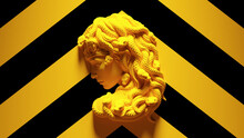 Yellow Medusa Mounted Bust With Yellow An Black Chevron Pattern Background 3d Illustration Render