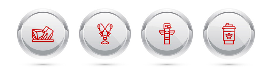 Poster - Set line Royal Ontario museum, Lobster, Canadian totem pole and Coffee cup go. Silver circle button. Vector