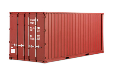 Wall Mural - red shipping cargo container in frontal side view isolated white background. transportation ship delivery logistics and freight concept.