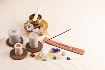 Poster - Healing chakra crystals therapy. Alternative rituals, gemstones for wellbeing, meditation, destress