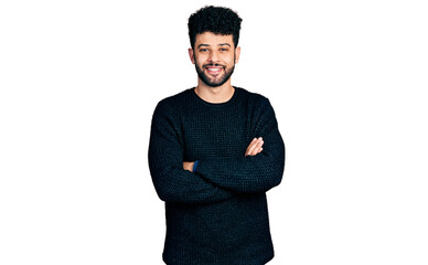 Poster - Young arab man with beard with arms crossed gesture smiling with a happy and cool smile on face. showing teeth.