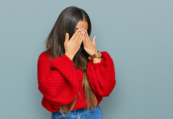 Canvas Print - Beautiful hispanic woman wearing casual clothes rubbing eyes for fatigue and headache, sleepy and tired expression. vision problem