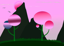 Magical Landscape From Imagination. Purple Sun, Strange Trees, Birds, Mountains. Creative Landscape Colorful.