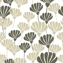 Isolated Random Seamless Pattern With Grey Flower Silhouettes Abstract Ornament. White Background.