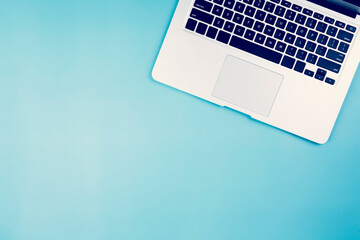 Wall Mural - flat lay of laptop computer on desk in office, workplace and notebook and keyboard, workspace and co
