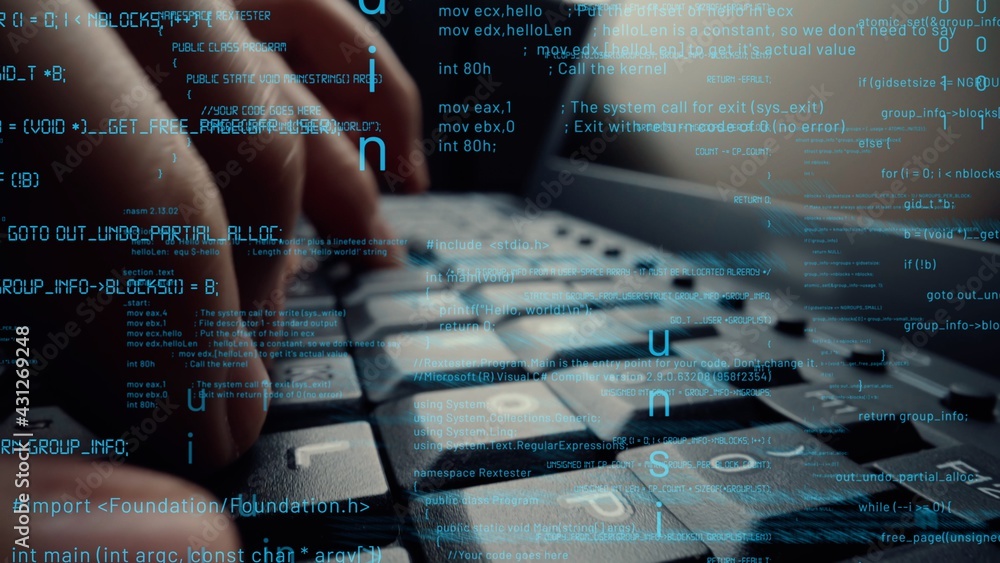 Creative visual of computer programming coding and software development shown by man working on computer keyboard with overlay of computer graphic displaying abstract program codes and computer script