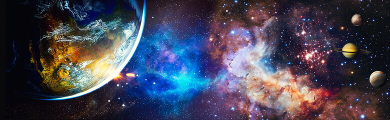 Wall Mural - panoramic view of the earth, sun, star and galaxy. sunrise over planet earth, view from space . elem