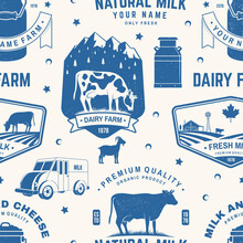 Milk Farm Seamless Pattern Or Background. Vector Seamless Dairy Farm Pattern With Cow, Goat, Milk Can Silhouette. Texture For Dairy And Milk Farm Business - Shop, Market, Packaging And Menu