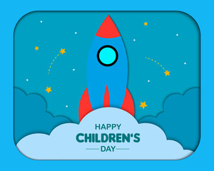 Wall Mural - Happy Childrens Day Papercut With Rocket Cloud 