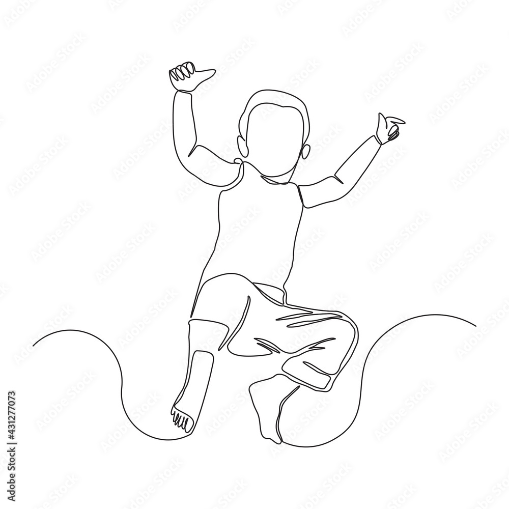 Continuous line drawing of happy man boy children dancing and jumping ...