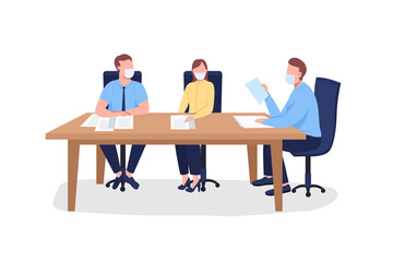 Wall Mural - Business people in face mask sitting at table flat color vector faceless characters. Training with instructor. Professional seminar isolated cartoon illustration for web graphic design and animation