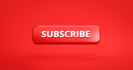 Subscribe button or subscription online membership on red background with notification channel. 3D rendering.