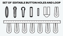 Buttonhole Flat Sketch Vector Illustration Set, Different Types Of Buttonholes For Stretch Fabric, Thick And Thin Fabric, Button Holes For Pocket, Denim, Shirt, Dresses, Garments And Clothing