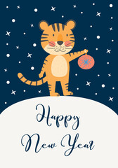 Wall Mural - Happy New Year greeting card with cute tiger, symbol 2022, year mascot. Holiday winter and christmas concept with vector character