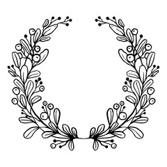 Wall Mural - Decorative wreath of leaves and berries on a white background. Hand drawing. For design, print, embroidery, scrapbooking, forms for advertising cards or invitations. Vector illustration