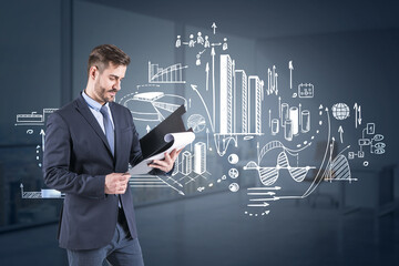 Wall Mural - Businessman with clipboard, financial analysis sketch and manager room