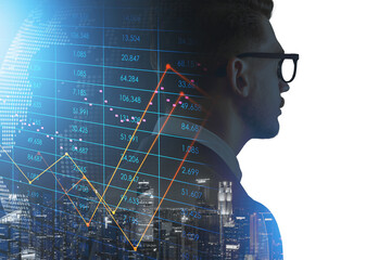 Canvas Print - Businessman profile, graph chart and numbers with skyscrapers at night