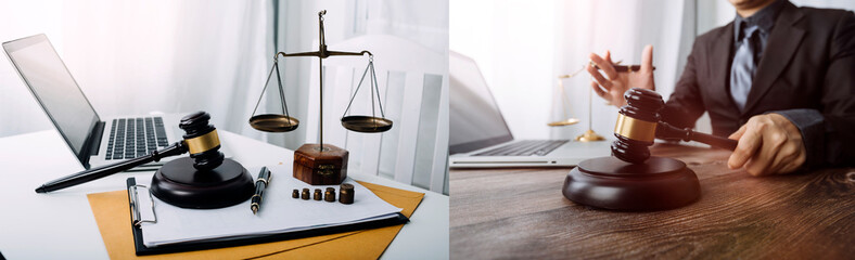 Justice and law concept.Male judge in a courtroom with the gavel, working with, computer and docking keyboard, eyeglasses, on table in morning light