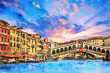 Stunning afternoon landscape of Grand canal and Bridge Rialto during beautiful summer sky, tourists from over the world visiting famous architecture and landmarks in Venice, Italy.- water colour.