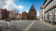 wide panorama view of historic marketplace in Hildesheim, Germany, with blue sky