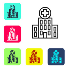 Sticker - Black line Medical hospital building with cross icon isolated on white background. Medical center. Health care. Set icons in color square buttons. Vector