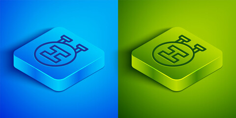 Sticker - Isometric line Hospital signboard icon isolated on blue and green background. Square button. Vector