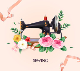 Poster - Sewing Machine And Tailoring Background