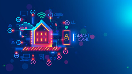 Smart home system concept. Phone controls works, safety of smart devices in house. Smartphone app of monitoring, setting of algorithm autonomous works of household appliances. Internet of things. IOT
