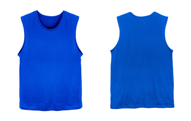 Blank muscle jersey tank top color blue front and back view on white background
