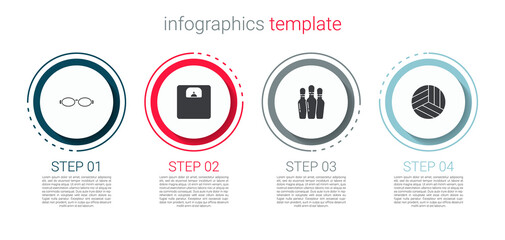 Canvas Print - Set Glasses for swimming, Bathroom scales, Bowling pin and Volleyball ball. Business infographic template. Vector