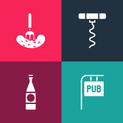 Wall Mural - Set pop art Street signboard with Pub, Beer bottle, Wine corkscrew and Pickled cucumber on fork icon. Vector