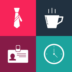 Wall Mural - Set pop art Clock, Identification badge, Coffee cup and Tie icon. Vector