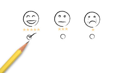 Poster - Customer satisfaction survey concept, Yellow pencil tick to  smiley icon and five starts to evaluate product and service.