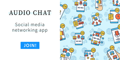 Drop in audio app web banner. Communication application with friends. Template for landing, web page, layout. Application rules, raped popularity. Voice communication website interface idea with icons