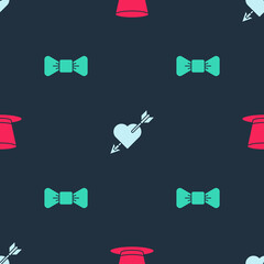 Wall Mural - Set Cylinder hat, Amour with heart and arrow and Bow tie on seamless pattern. Vector