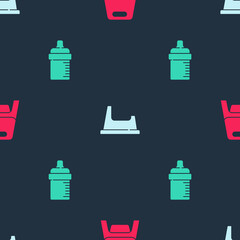 Sticker - Set Baby potty, and bottle on seamless pattern. Vector