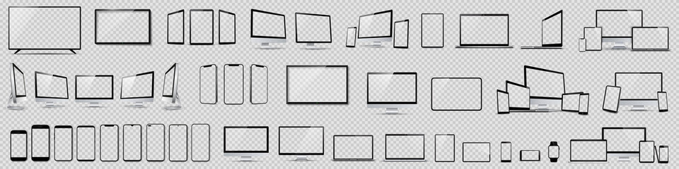 Poster - Set mockups of technology devices with empty display, device screen mockup collection, big realistic set mock up TV, computer, laptop, tablet, smartphone and watch with shadow - stock vector