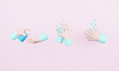 3d rendering, set of disease prevention protection. sanitizer, antiseptic, antibacterial symbols. Healthcare wash hands with rinse water and soap