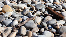 Smooth Pebbles And Driftwood On The Beach