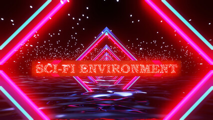 Wall Mural - illustration graphic between beautiful neon sci-fi 3d tunnel half inside the glowing river and with 