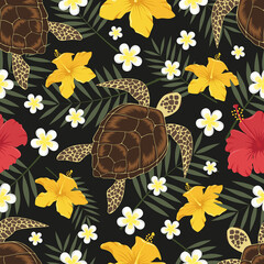 Wall Mural - Seamless texture with the image of flowers, palm leaves, turtles. Design for print, paper, flyer, banner.