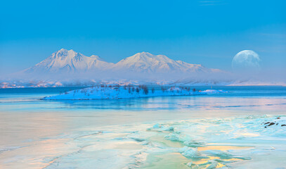 Wall Mural - beautiful winter lanscape with cracks on the surface of the turquoise (green) ice next to snowy moun