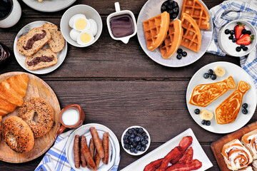 Leinwandbilder - Fathers Day breakfast frame. Top down view on a dark wood background. Tie pancakes, mustache toast and assorted dad themed food.